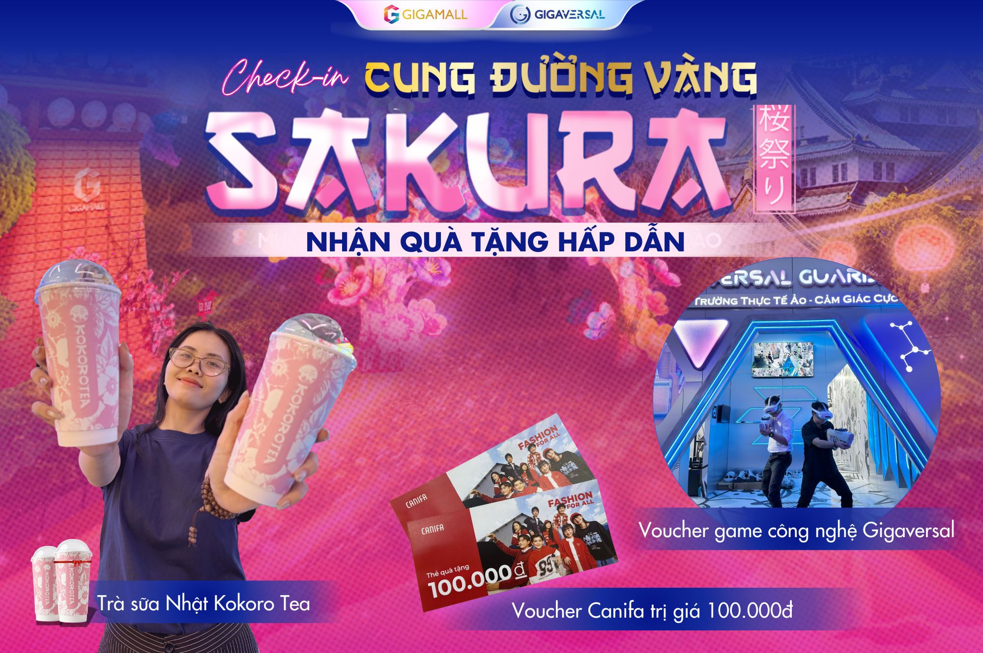 Check in lễ khai hội l&uacute;c 18h30 ng&agrave;y 21/3, kh&aacute;ch h&agrave;ng sẽ được tr&agrave; sữa Nhật Bản                                                                                  Kokoro Tea, voucher chơi game Gigaversal & thời trang Canifa